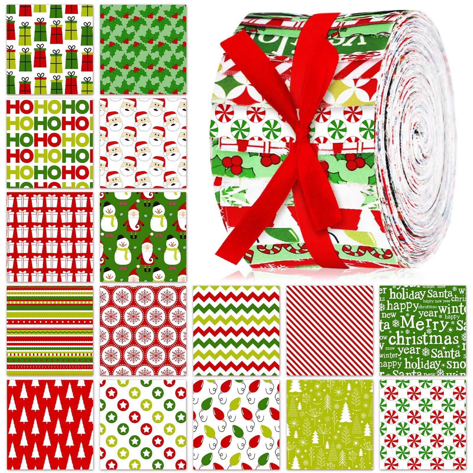 Fanfanwin 40 Pcs Red and Green Christmas Quilting Fabric Roll 2.56 Inch Precut Fabric Squares Jelly Patchwork Snowflake Peppermint Strips Materials for Winter Xmas Holiday Craft Sewing Panels DIY