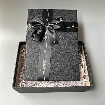 Black Gift Box for Presents, 1pcs Premium Gift Boxes with Lid Ribbon Shredded Paper (Small Size: 12.5x17.5x6.5CM), Recctangle Empty Cardboard Box for Birthday/Valentines Day/Wedding/Gift Packaging