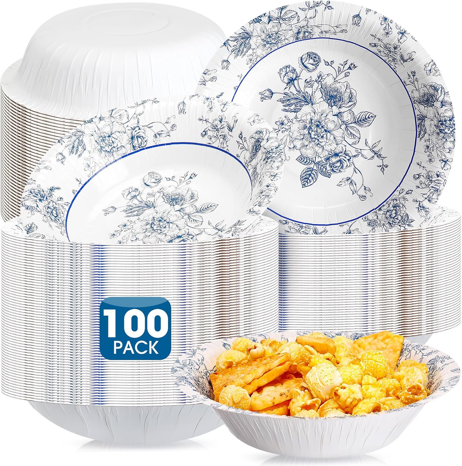 SiliFine 100 Pcs 16 oz Blue Floral Paper Bowls Blue and