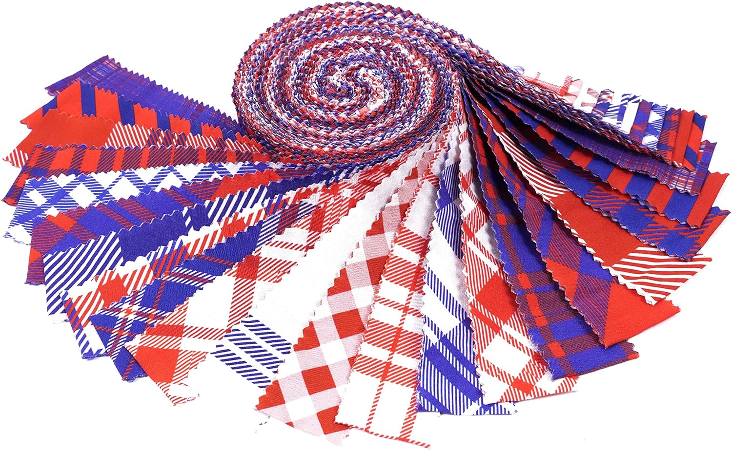 Soimoi 40Pcs Check & Tartan Print Precut Fabrics Strips Roll Up 1.5x42inches Cotton Jelly Rolls for Quilting - Red, Blue & White