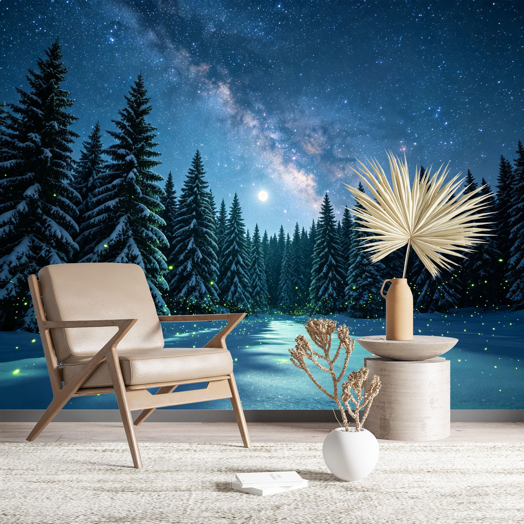 Custom Size Wall Murals Starry Night Snowy Pine Forest Wall Murals Nature Wallpaper Large Photo Wallpaper Self-Adhesive Removable Wallpaper for Living Room
