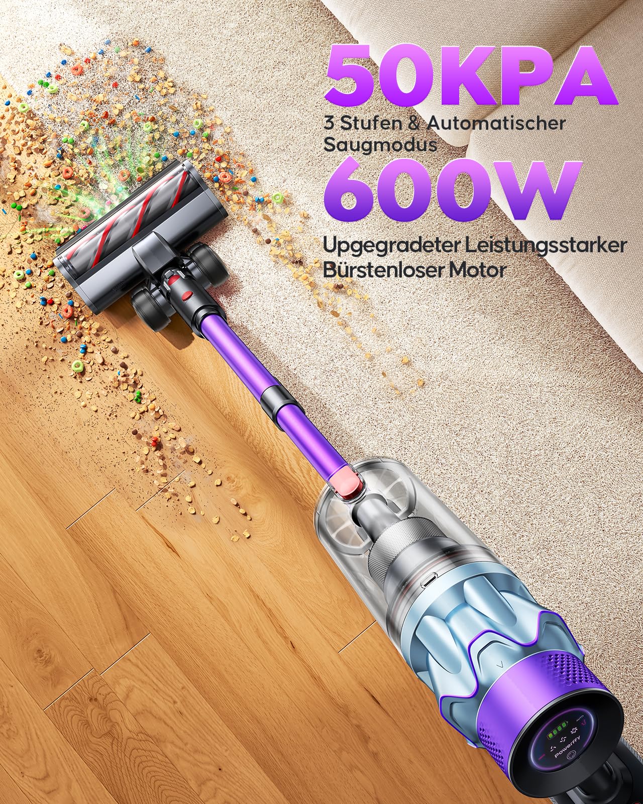 Akku Staubsauger 600W/50kPa/65Min, Staubsauger Kabellos mit 1M Schlauch, Aromatherapie, Wandladestation, Staubbehälter-Schaber(1,5L), Automatikmodus, für Tierhaare Teppiche Hartböden Auto