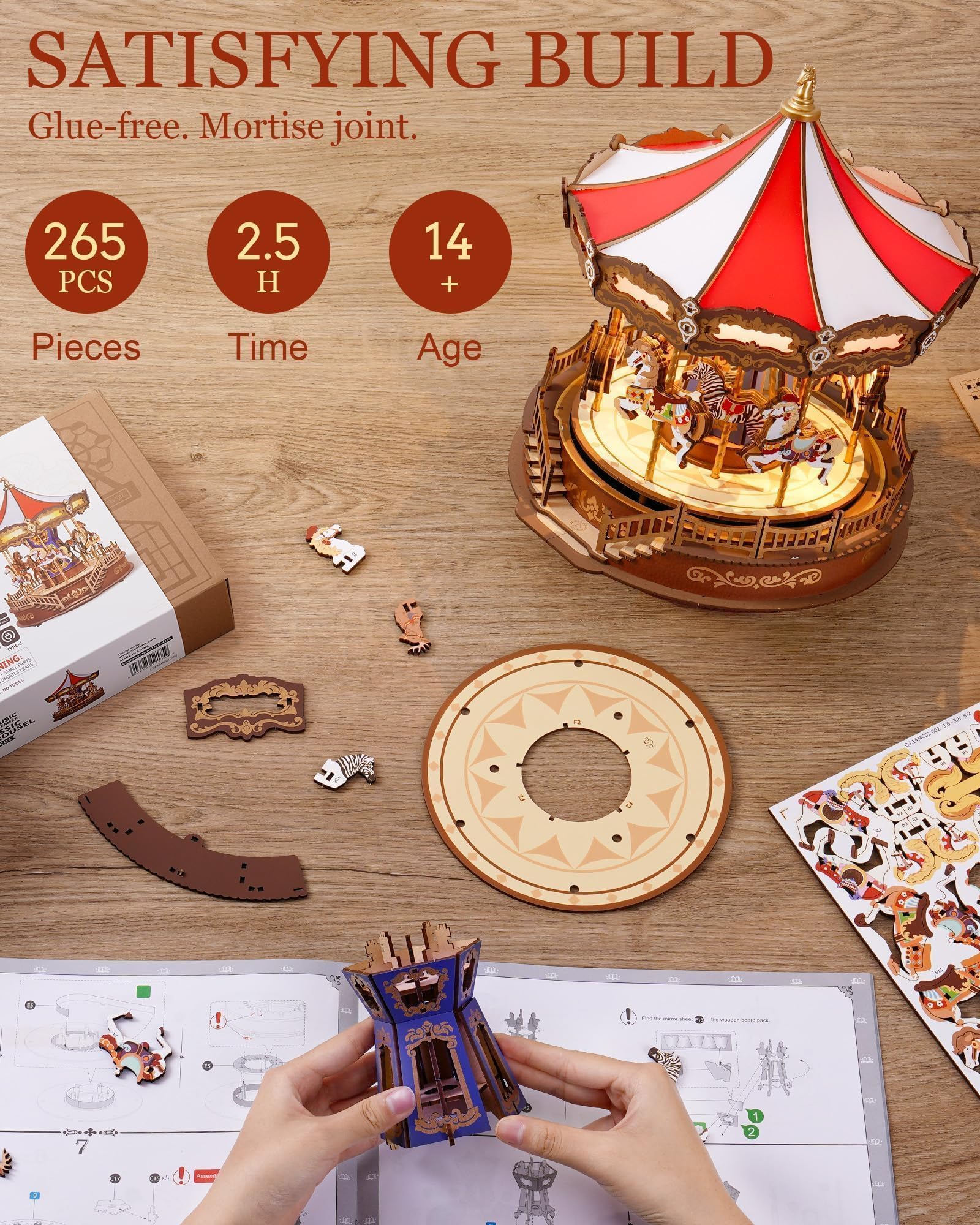 rowood Classic Carousel 3D Puzzle, Zestaw modelu skrzynki muzycznej z drewna do zbudowania dla dorosłych, zestawy do budowy zabawek DIY, idealne jako prezent na Boże Narodzenie i urodziny
