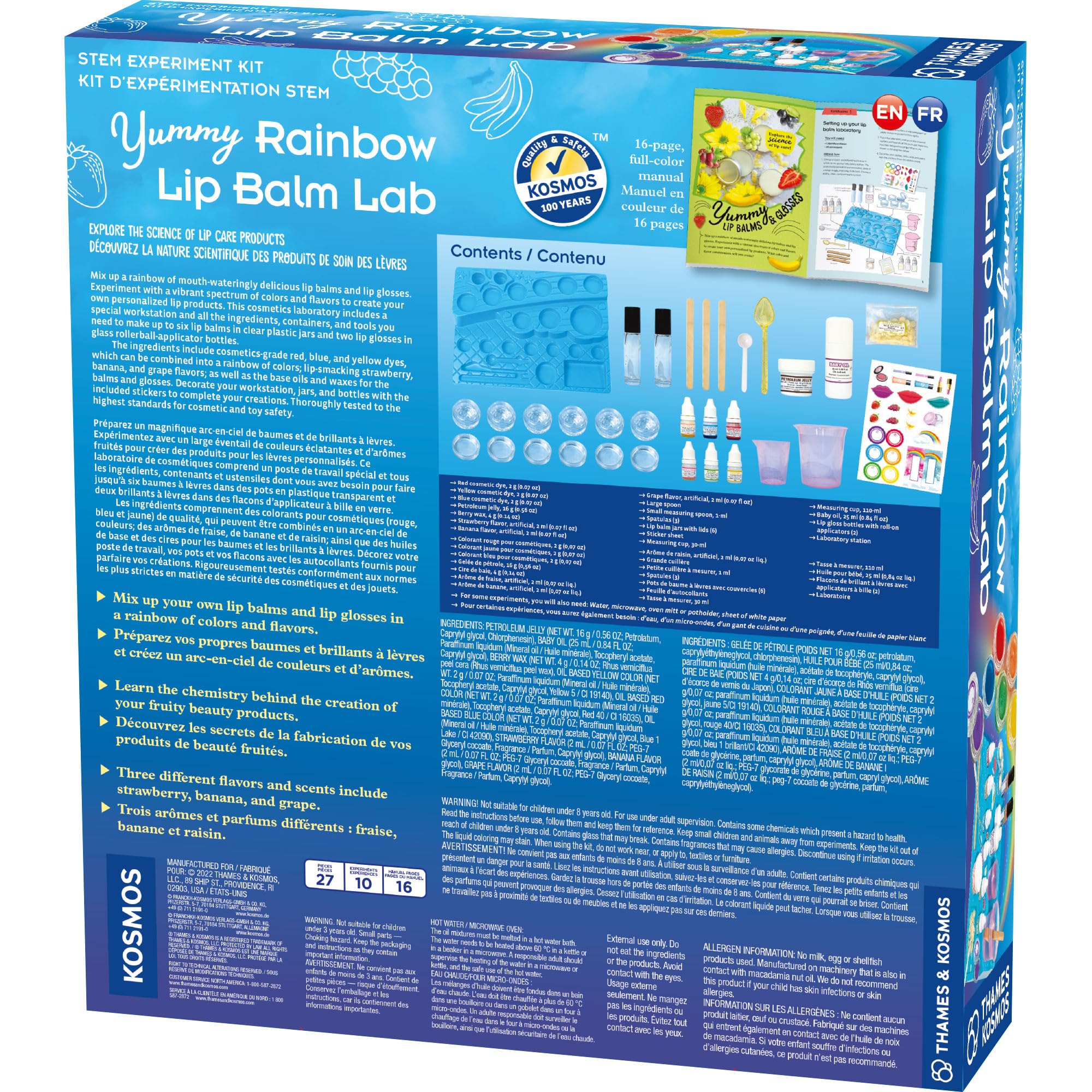 Thames & Kosmos Yummy Rainbow Lip Balm Lab STEM Kit | Make Lip Balms, Glosses | Strawberry, Grape, Banana Flavors & Cosmetic Jars | Chemistry & Biology of Skin Care | 2-Language (EN/FR)