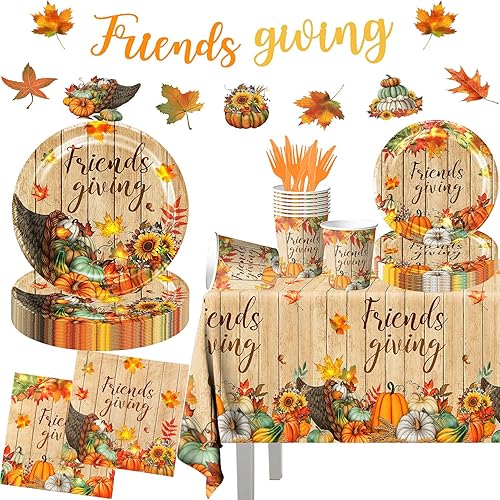 Friendsgiving - Juego de 142 platos y servilletas de otoño amigables, platos y servilletas desechables de madera de calabaza para otoño, suministros