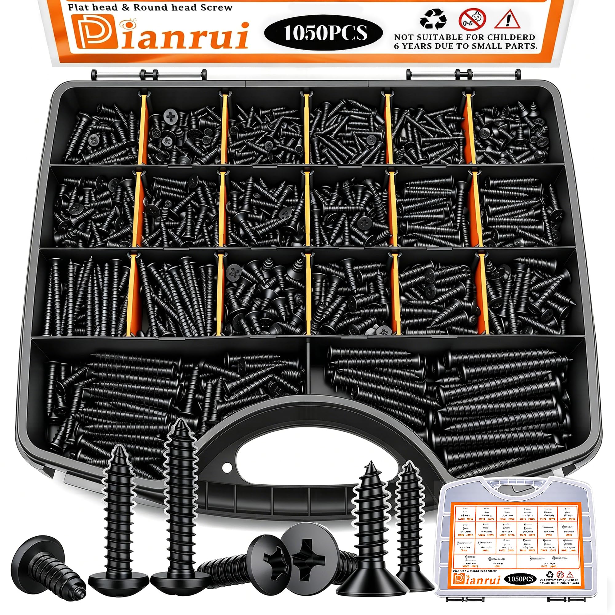 Dianrui Juego surtido de 1050 tornillos de madera negra, tornillos de acero inoxidable 304 surtidos M3/M4/M5/M6, juego de tornillos autorroscantes Phillips de grado marino (tornillo plano y plano