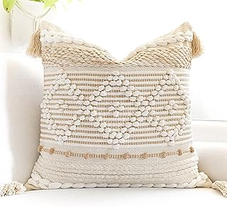 BlissBlush Cream White Boho Throw Pillow Cover 20X20, Boho Woven Texture...
