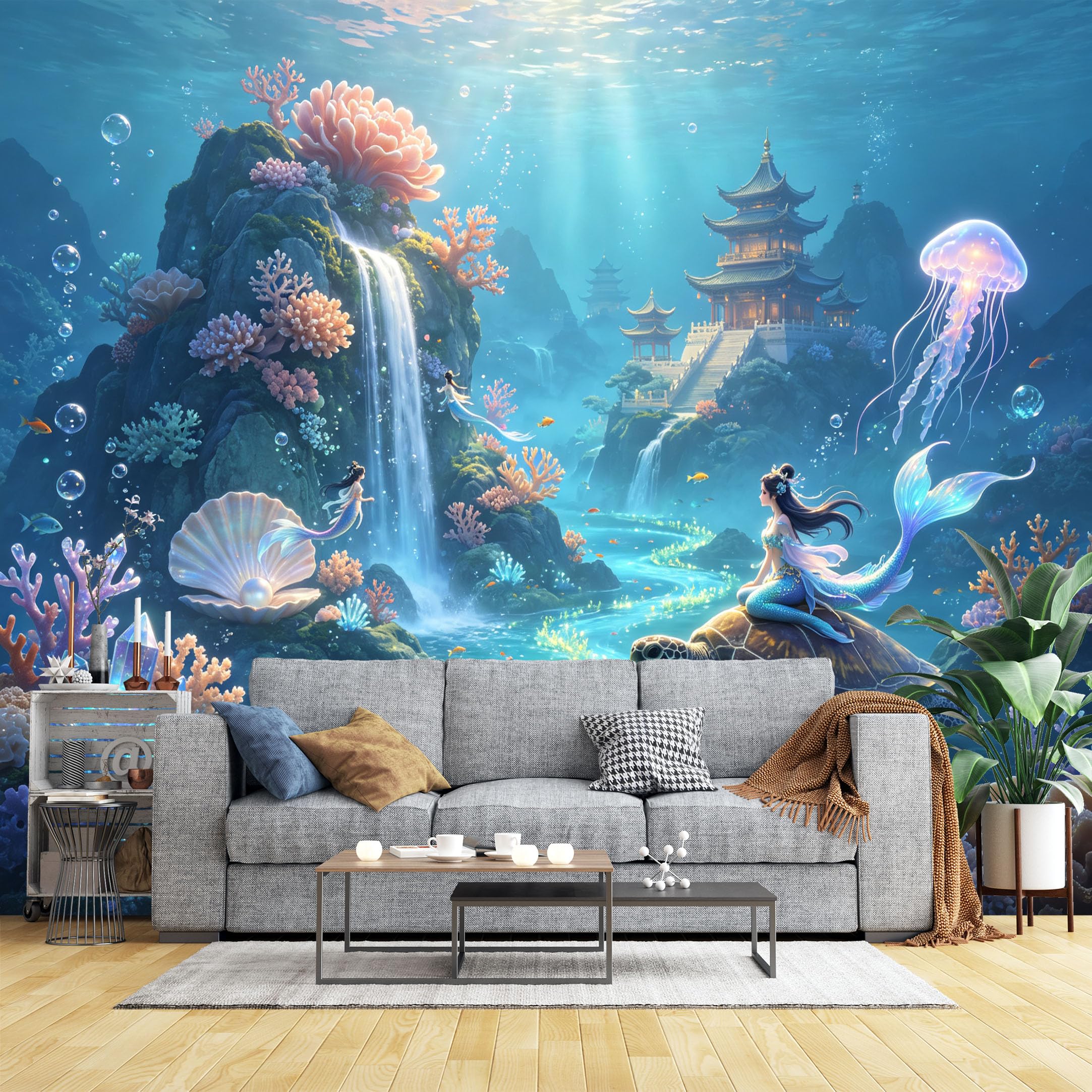 Lcythiazole Ch260604120 Custom Size Wall Murals Coral Reef Underwater Pagoda Wall Murals Ocean Fairy Wallpaper Large Photo Wallpaper Self-Adhesive Removable Wallpaper For Kids Room Bedroom