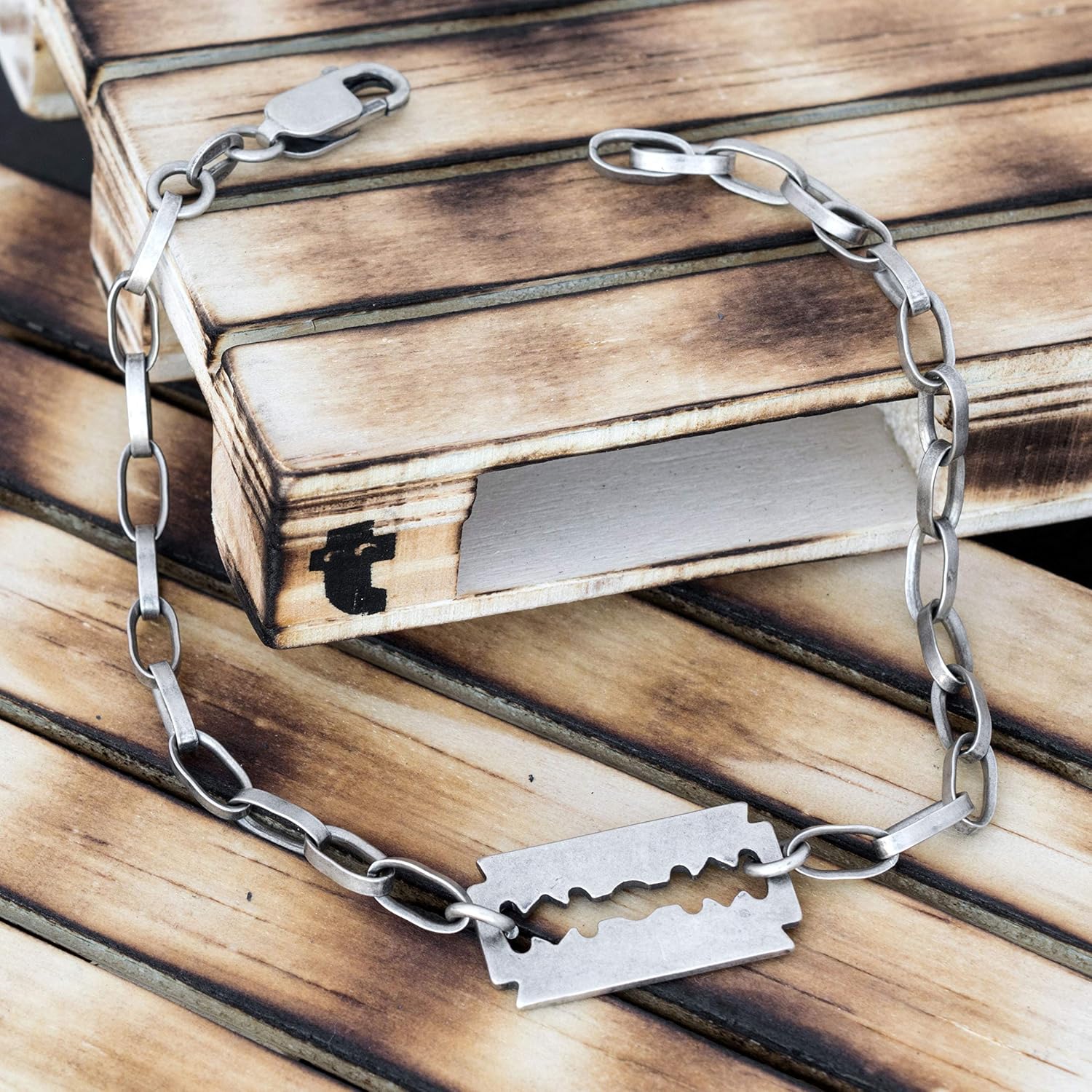 Men's Chain Bracelet Featuring Bold Razor Blade Crafted from Oxidized Sterling Silver - Edgy Rock Statement with Velvety Dark Finish for Masculine Style - Handmade by Emmanuela