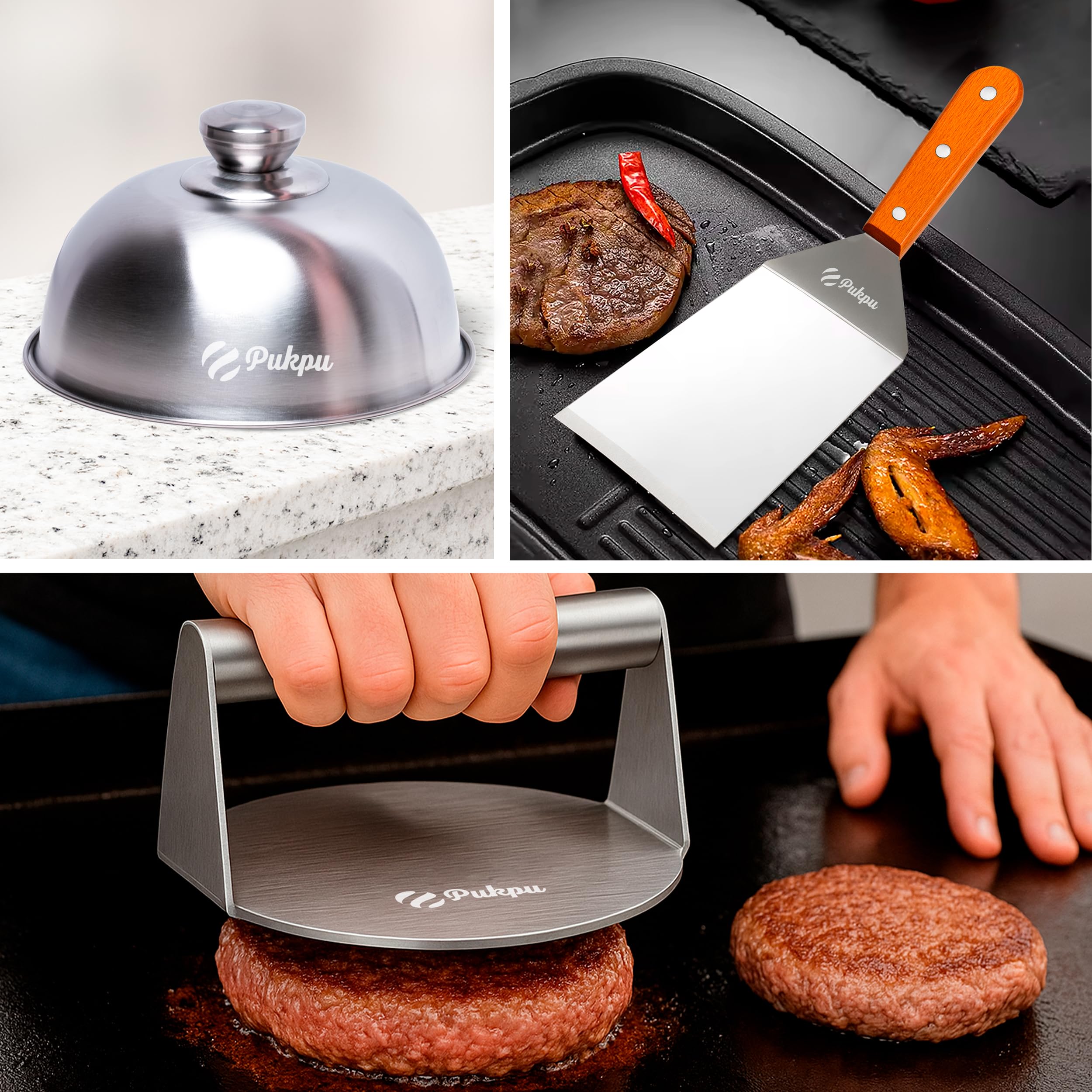 Smash Burger Set 3-teilig Holzgriff – Burgerpresse Edelstahl, Burgerglocke & Grillspachtel – Smashburger Zubehör für Plancha, Grill & BBQ