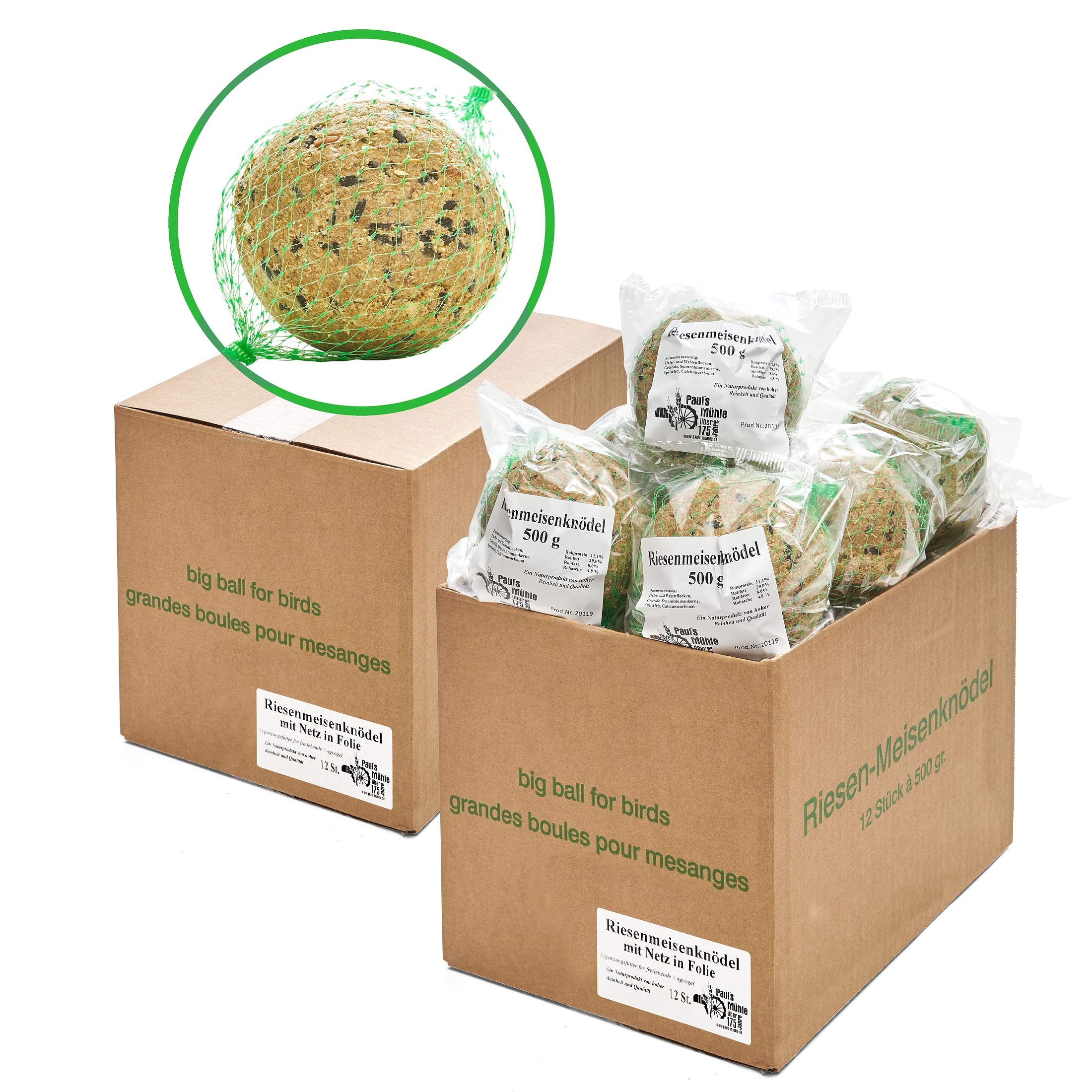 Paul's Mühle Riesen-Meisenknödel, Premium Ergänzungsfutter für Wildvögel, mit Netz im Karton, 24 Stück (2 x 12 x 500 g)
