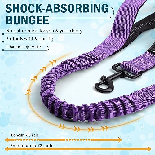 Miniatura 2 de Correa de perro manos libres con cinturón  Bungee sin tirones, asas acolchadas dobles y bolsa con cremallera para correr, caminar y entrenar  Correa