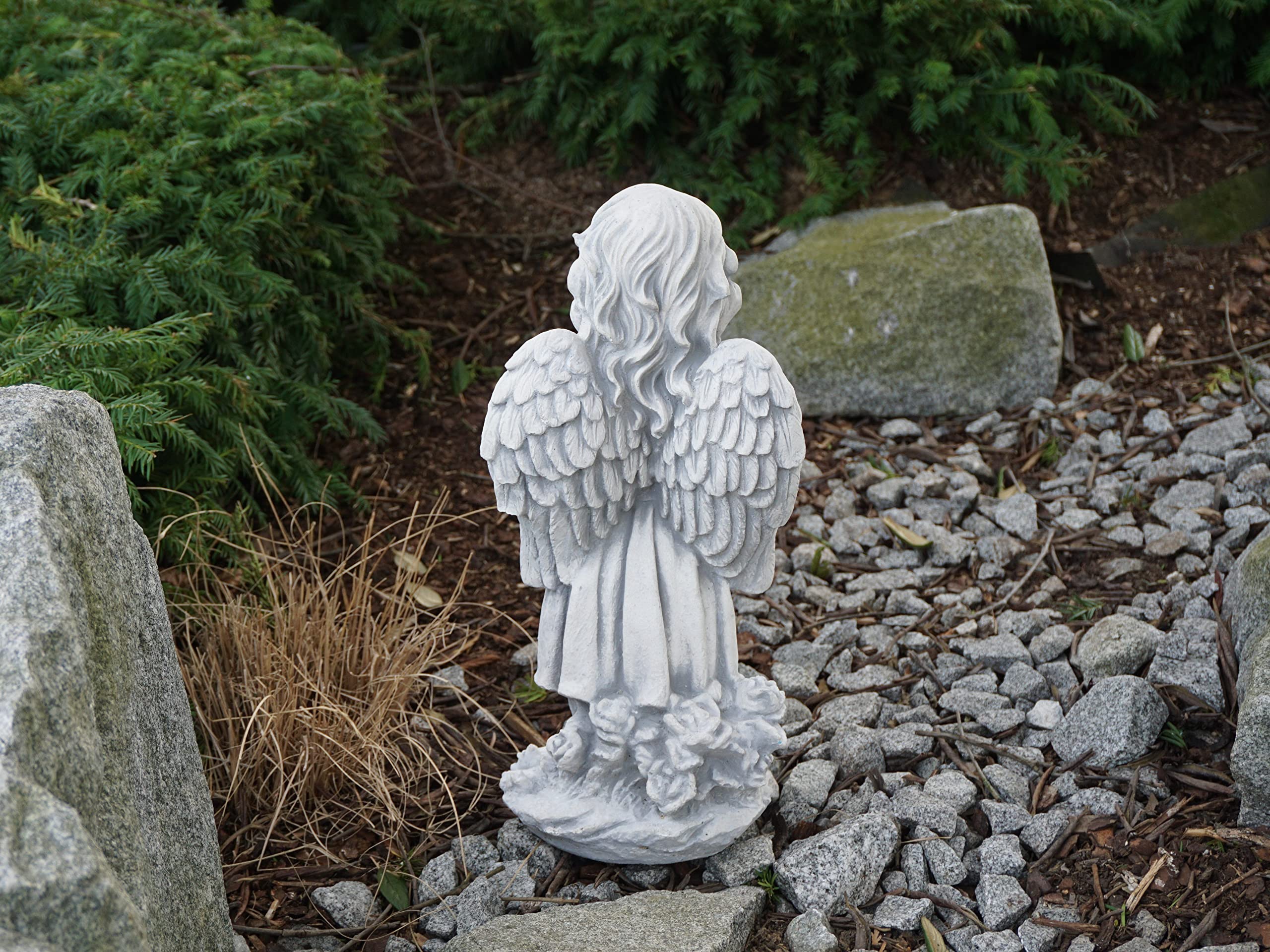 gartendekoparadies.de Engel stehend, Steinfigur H. 42 cm, 7 kg, Grau, frostsicher aus Steinguss für Außenbereich