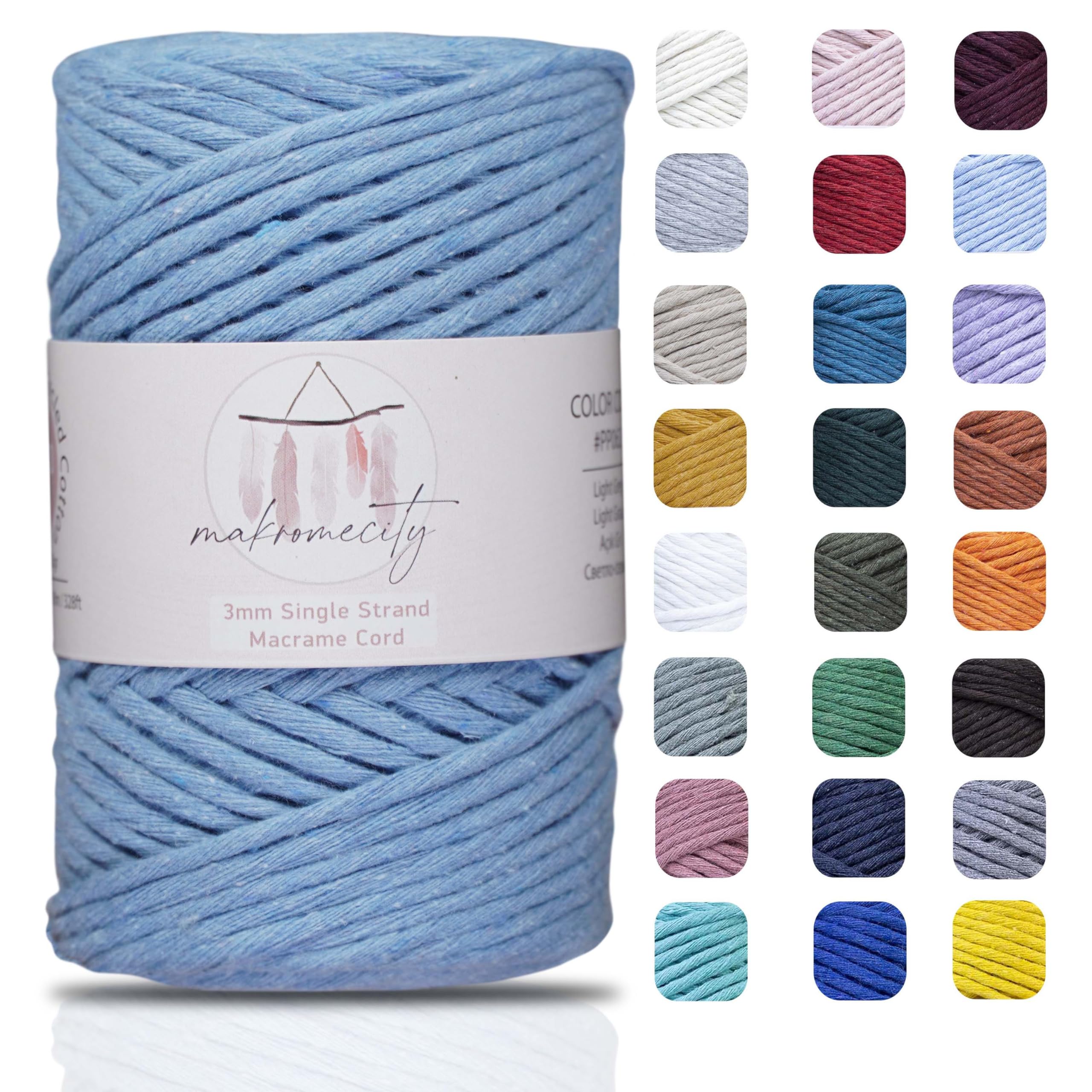 Makromecity, Single Strand Macrame Cord (3 mm x 328 feet) 3mm Single Strand Baby Blue Cotton Cord for Macrame Art & Crafts for Wall Hangings, Keychains (29 Colors Available) (Baby Blue)