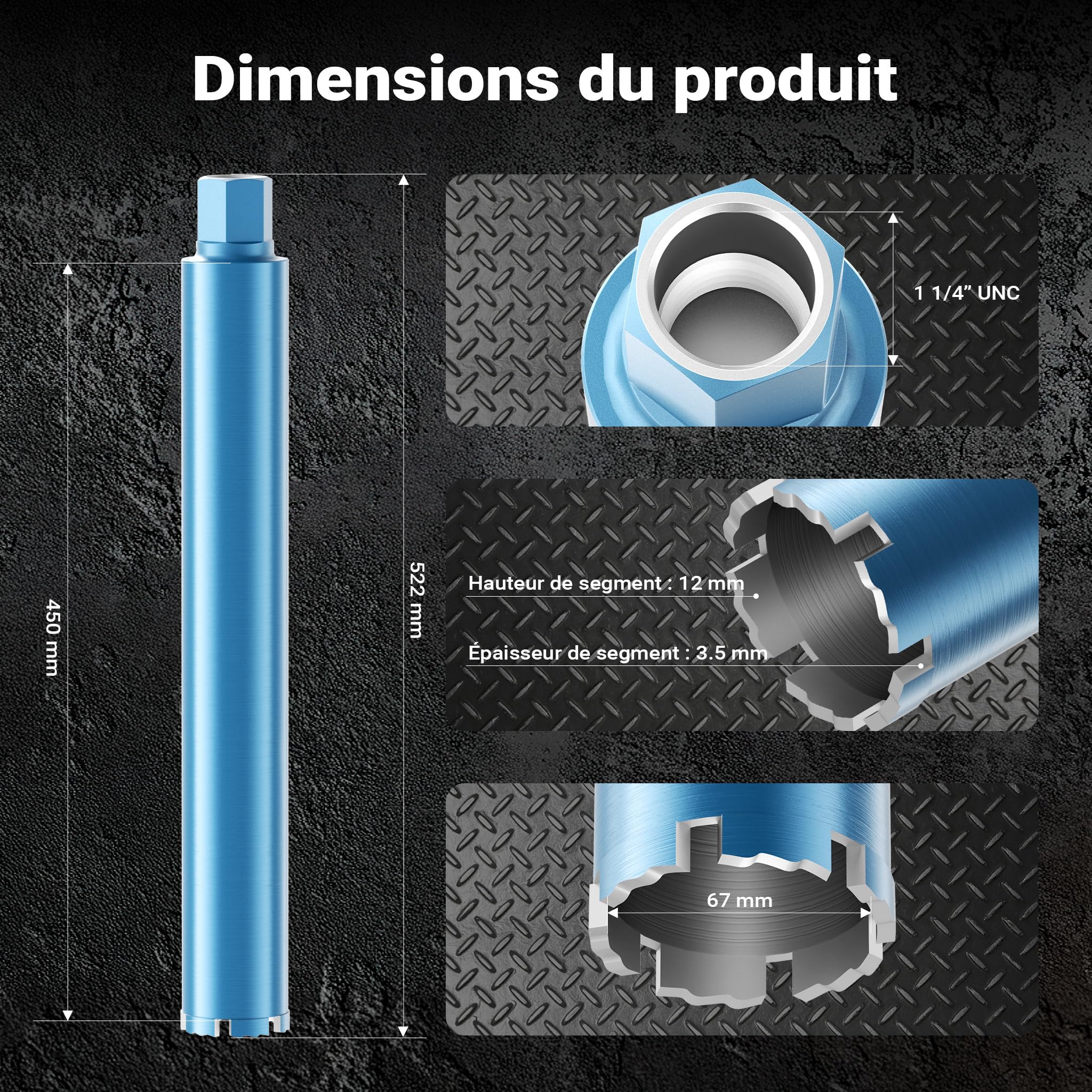 Wiltec Foret diamant pour Carotteuse Ø 67 mm – Rendement moyen – 1¼ UNC – Longueur 450 mm – Métal fritté – Forage à humide – Chantier Carrelage Béton – Trépan Couronne Diamant
