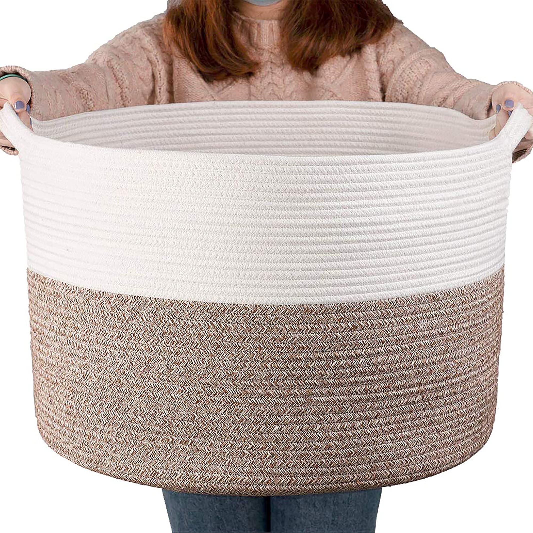 YEESON Cotton Rope Storage Basket 21.7" x 21.7" x 13.8", Woven Rope Laundry Storage Basket, Blanket Organizer Basket with Handles for Living Room, Bedroom, Kids Room, Laundry Room and Nursery Room