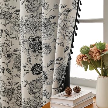 100% Blackout Black Floral Farmhouse Curtains Living Room Thermal Insulated Drapes Elegant Peony Pattern & Tassel Curtains 2 Panels Blocking Curtains for Windows Floral Drapes 52W*63L