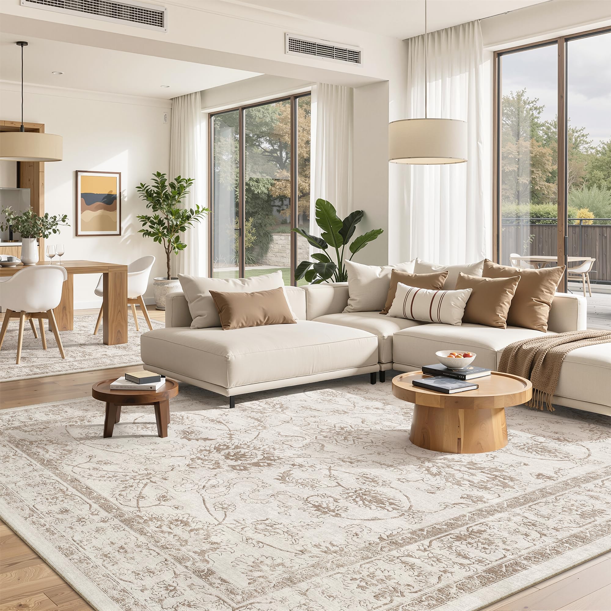 Madane 8x10 Area Rugs for Living Room, Machine Washable Vintage Rug with Non-Slip Backing, Soft Floral Print Large Throw Rugs, Thin Carpet for Bedroom