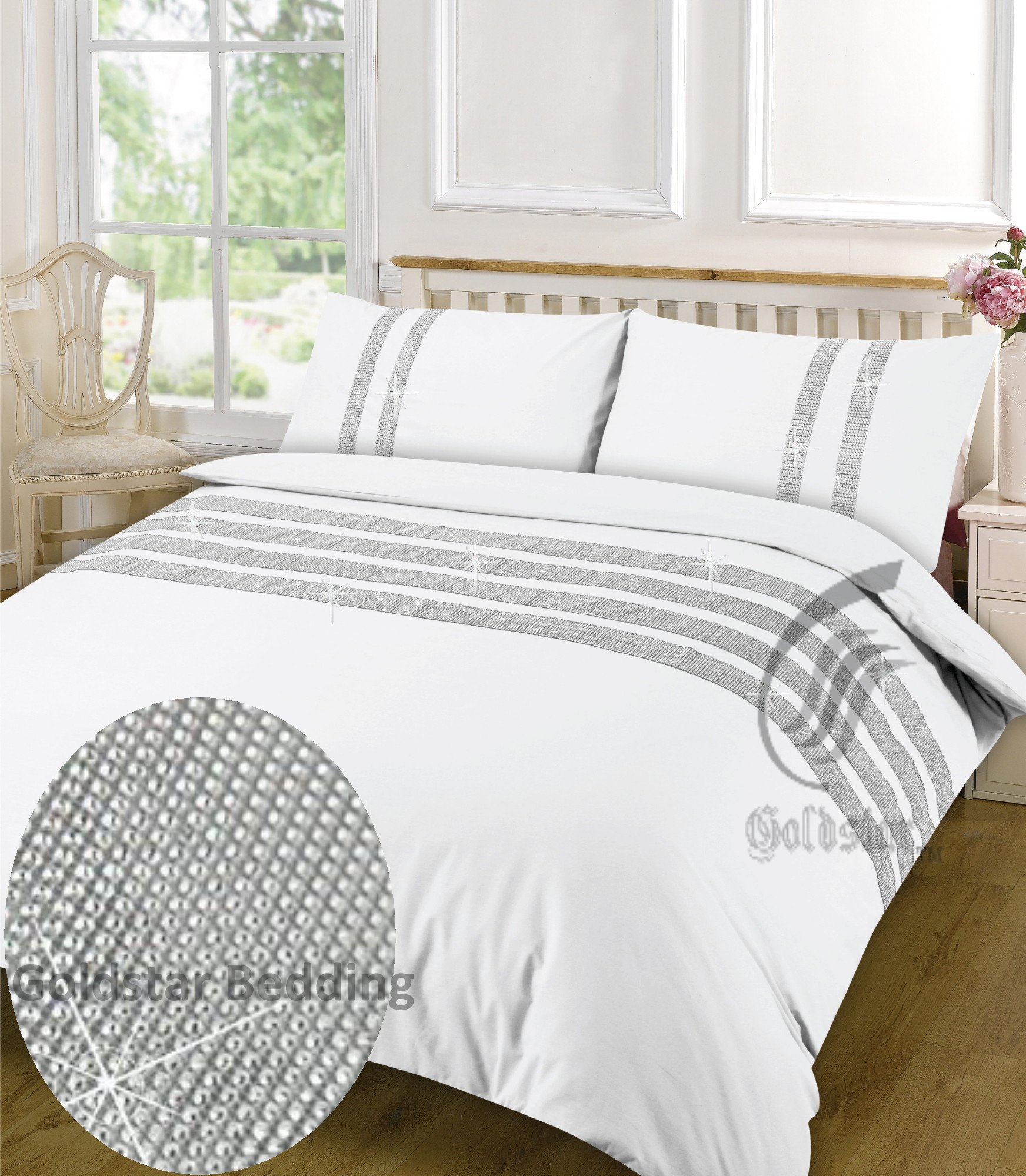 Goldstar® 100% Egyptian Cotton 200 Thread Lace Duvet Cover Quilt Cover Diamond Bedding Set (King, Diamante Lace White)