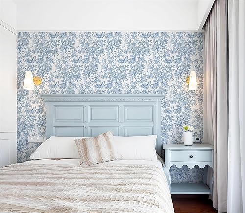 Miniatura 3 de Safiyya Papel tapiz floral para despegar y pegar, papel de contacto azul y blanco, papel tapiz bohemio para dormitorio, papel de pared de peonía