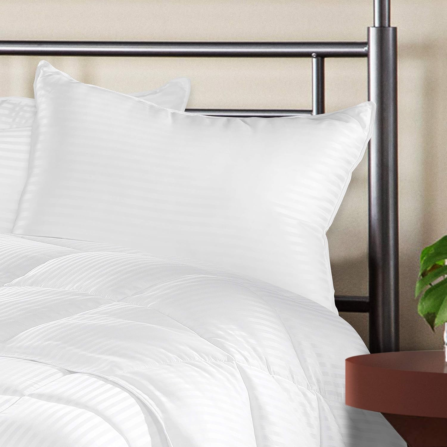 Superior White Down Alternative Pillow 2-Pack, Premium Hypoallergenic Microfiber Fill, Medium Density for Back, Stomach, and Side Sleepers - King Size, Striped White