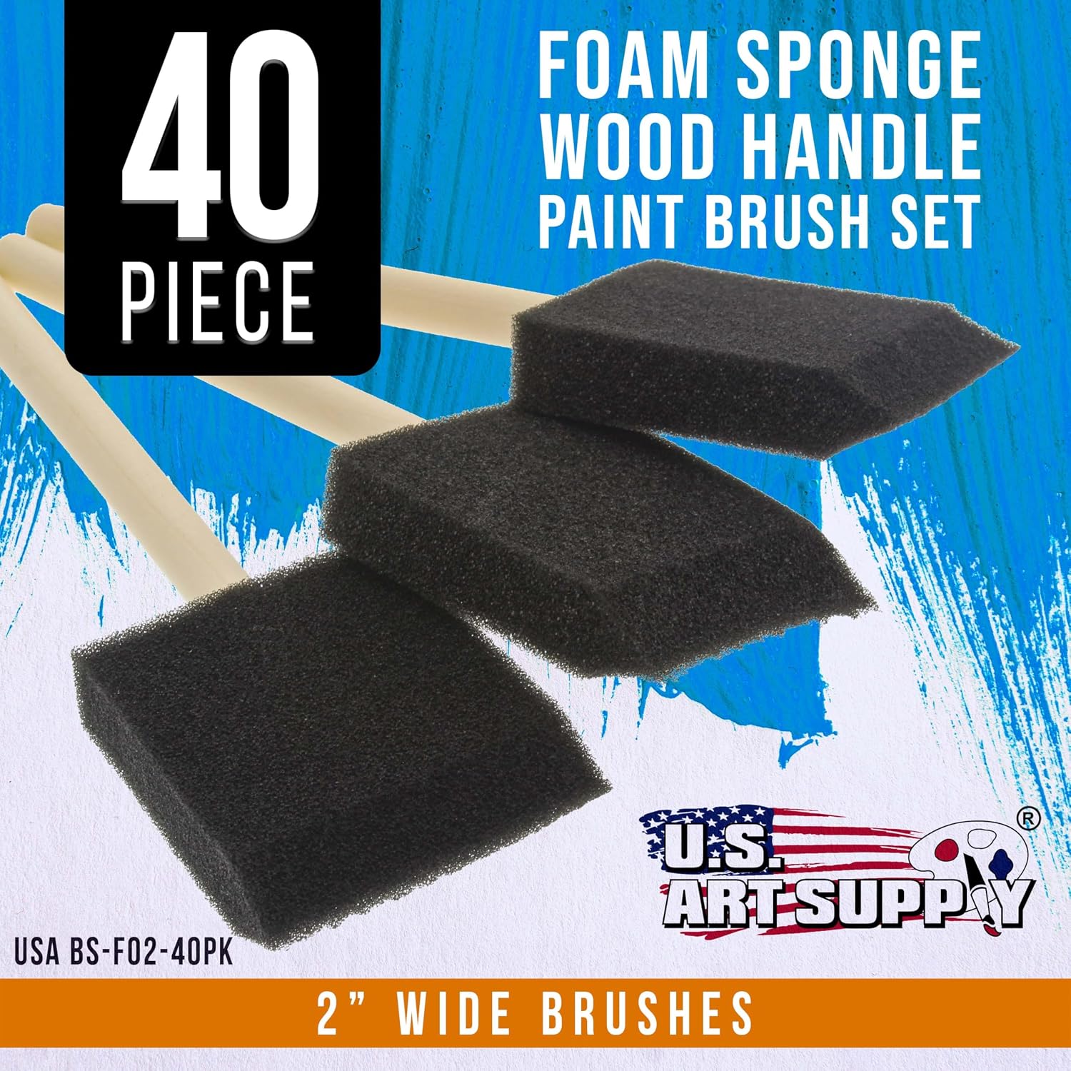 US Art Supply 2 inch Foam Sponge Wood Handle Paint Brush Set (Super Value Pack of 40) - Lightweight, Durable and Great for Acrylics, Stains, Varnishes, Crafts, Art