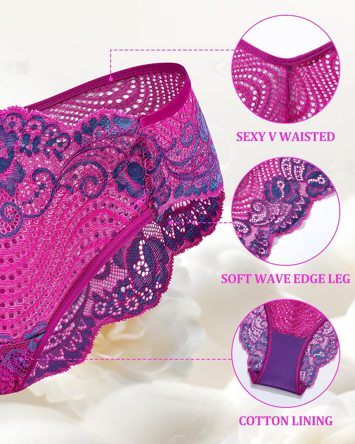 SIONCY Sexy Lace Bikini Underwear for Women High Cut Cheeky Panties Low Rise Scalloped Edge Breathable Undies 5 Pack