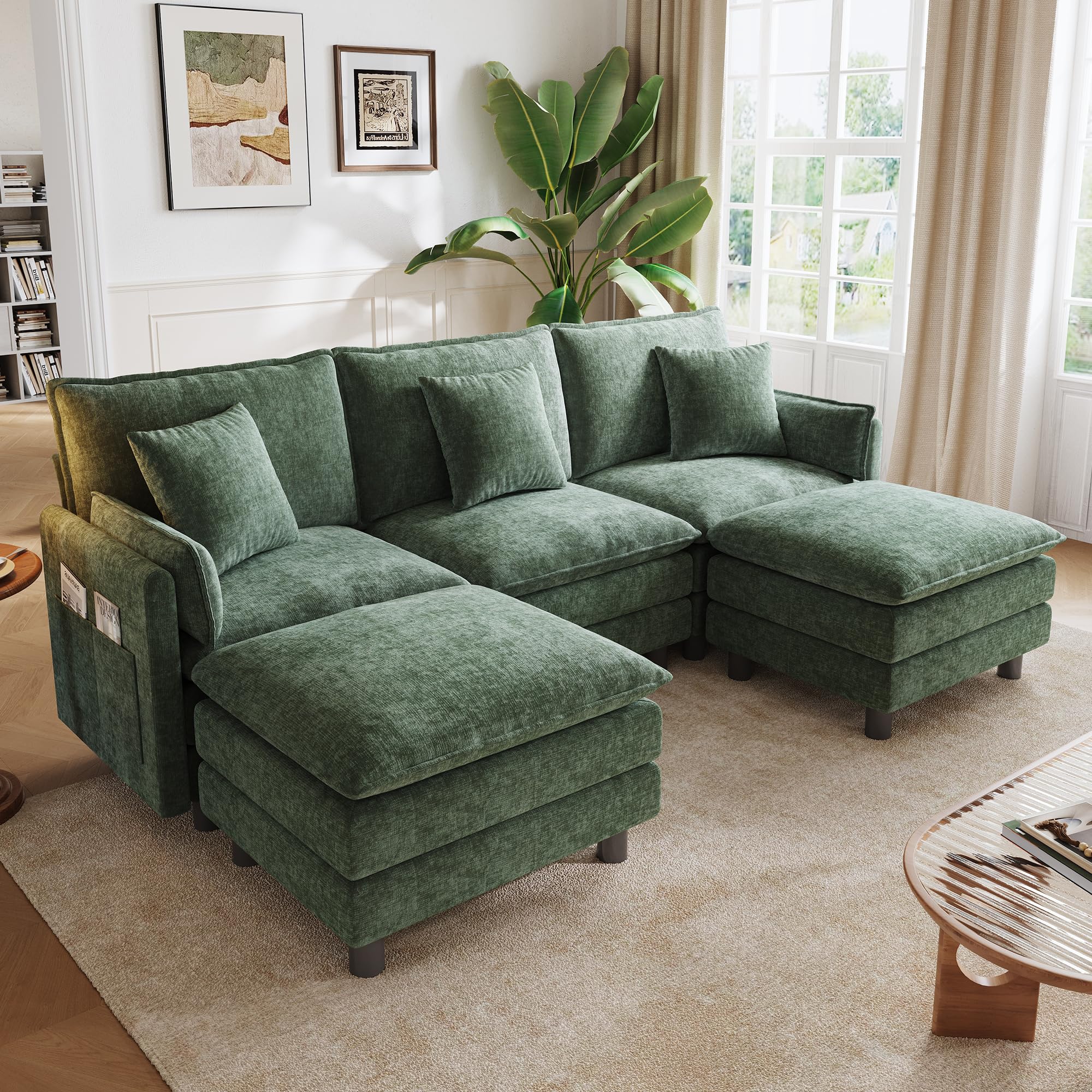 Photo 1 of *** ONE SIDE ONLY**
**MISSING PARTS**
LINSY HOME 98'' Modular Sectional Sofa 3 Seat Couch Chenille Cloud Couch with Deep Seat, U Shaped Couch with 2 Movable Ottoman for Living Room, Office, Bedroom, Green(Pillows Included)