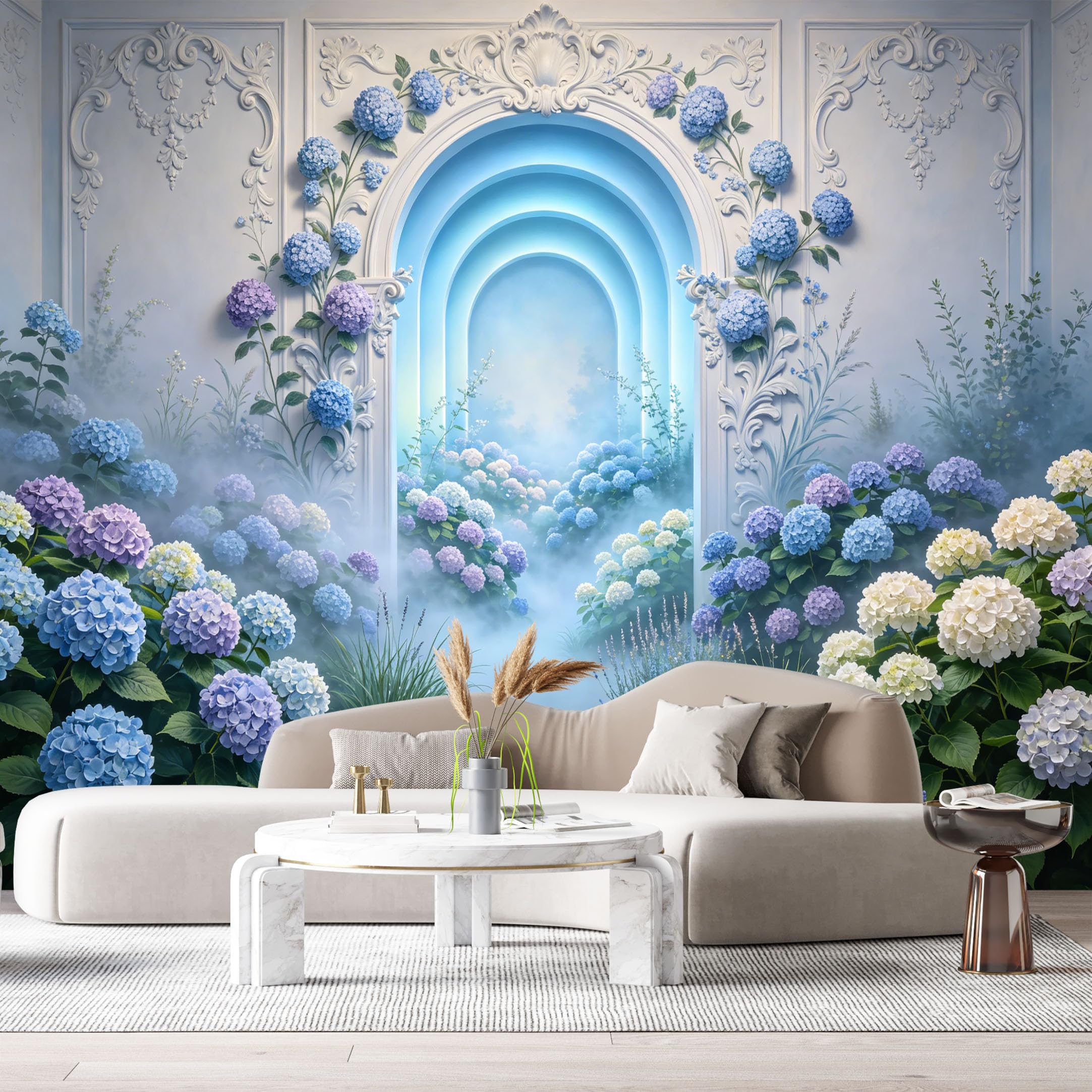 Custom Size Wall Murals Neoclassical Botanical Archway Hydrangea 3D Trompe L'Oeil SelfAdhesiveWall Fabric Removable Wallpaper Wall Decor for Living Room Bedroom Bathroom