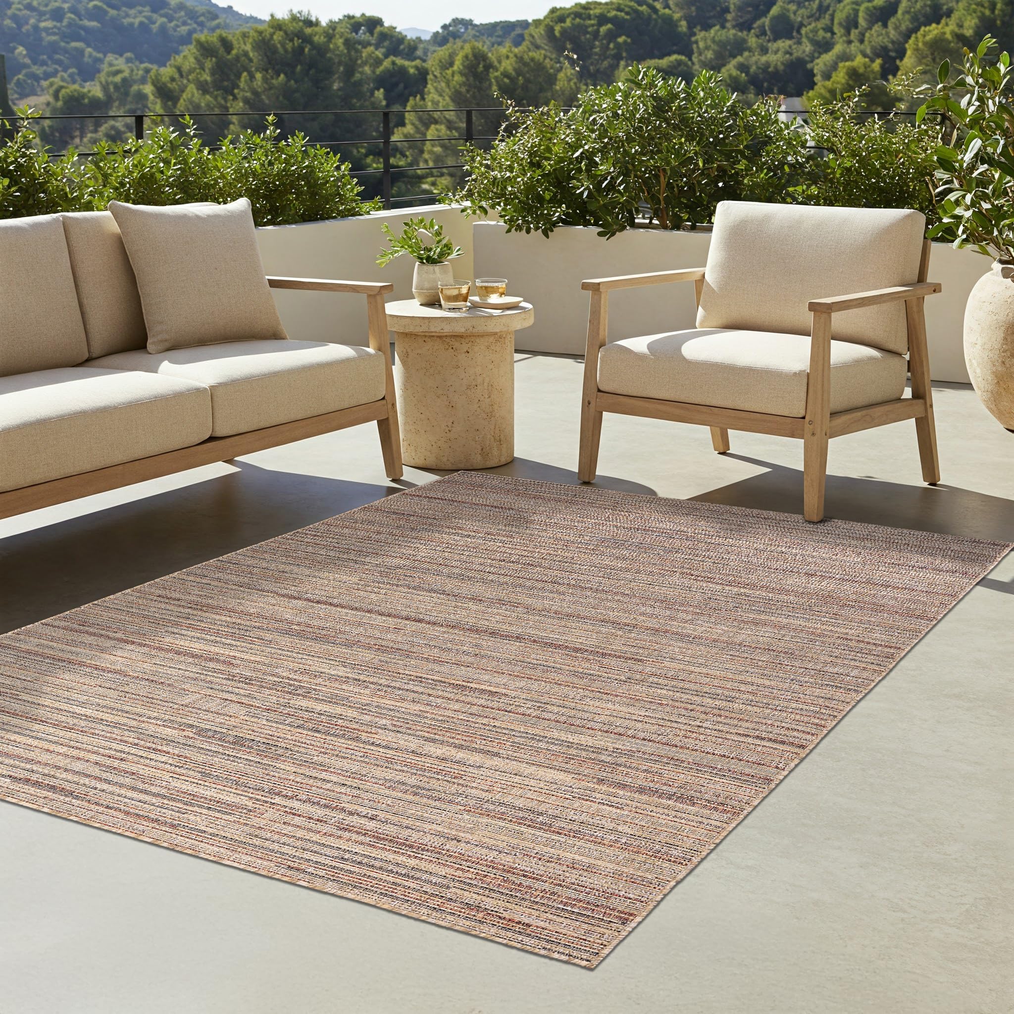 TAPISO Yucana Tapis Robuste Résistant aux Rayons UV Imperméable Tapis pour Intérieur et Extérieur Balcon Terrasse Jardin Marron Beige Boho Ethnique à Rayures Mélangé Moderne 200 x 300 cm