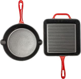 2Pc Enameled Cast Iron 10" Fry Pan, 10" Grill Pan Set, Induction Cooktop Ready, Oven Safe Up to 400°F, Red