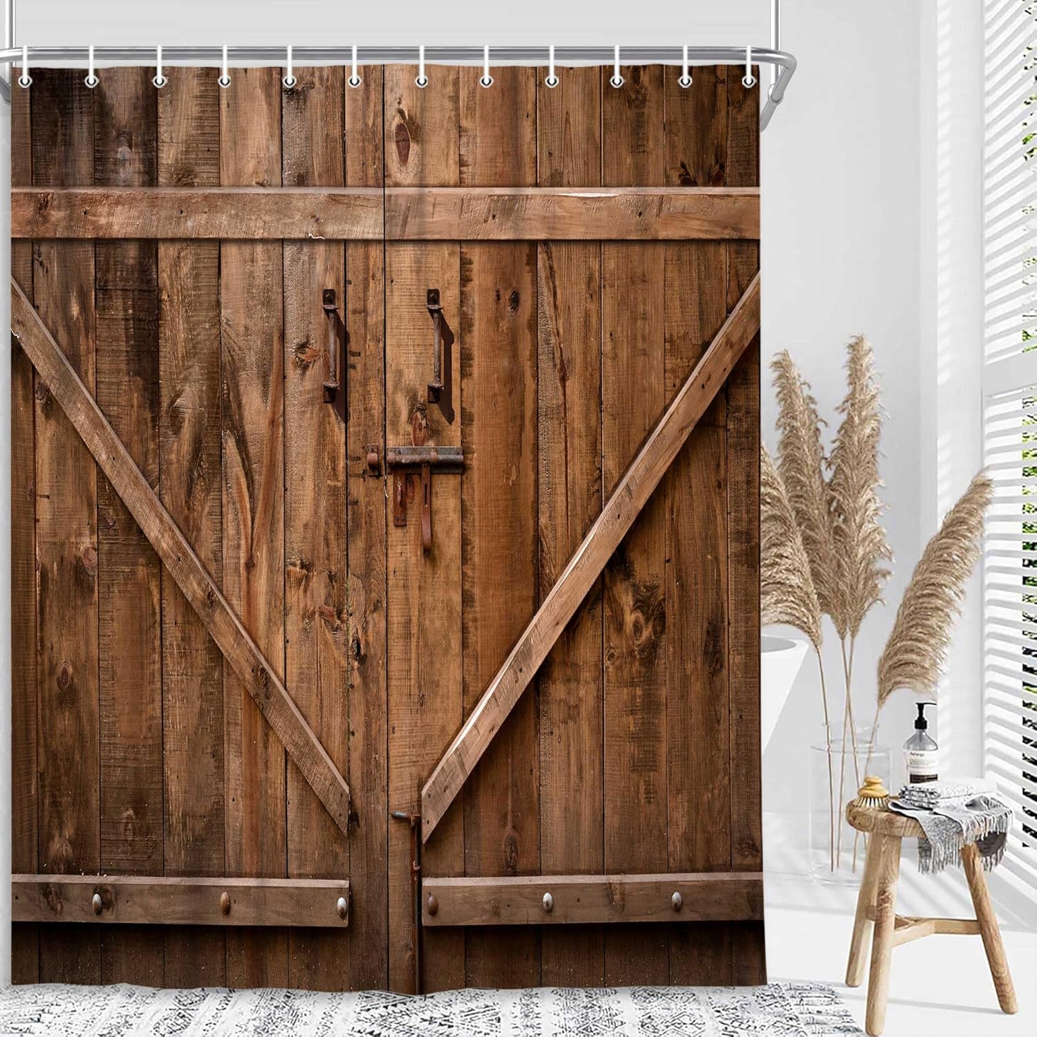 NYMB Rustic Farmhouse Barn Door Shower Curtain, Vintage Country Wood Board Western Bath Curtain, Brown Barn Garage Farm Wooden Door Bathroom Accessories Cabin for Bathroom Curtains, 69X84in