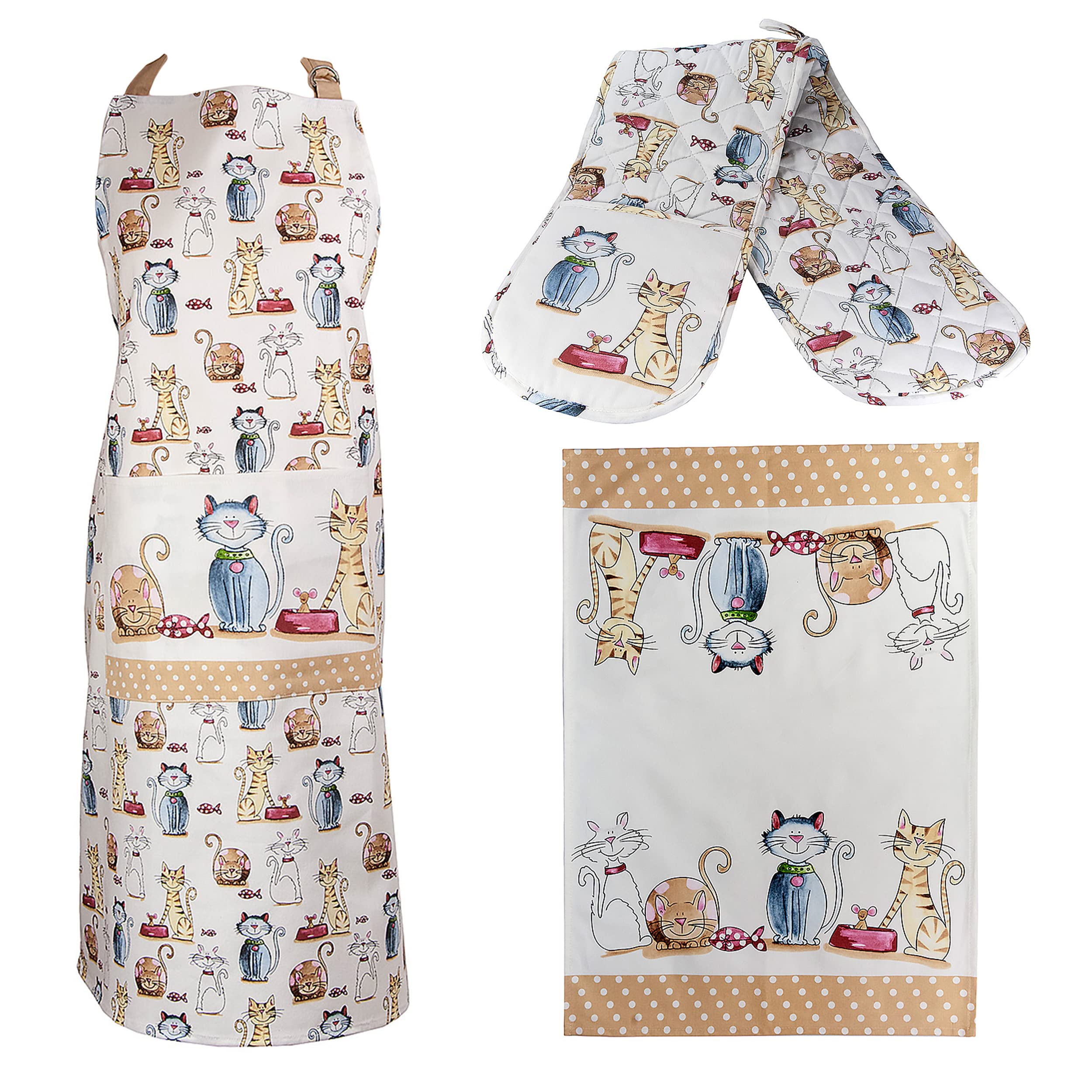 SPOTTED DOG GIFT COMPANY Keukenschort, Theedoek en Dubbele Ovenwanten met Blije Kattenmotief, 3-delige Keukentextiel Cadeauset van 100% Katoen, Cadeau voor Vrouwen en Kattenliefhebbers