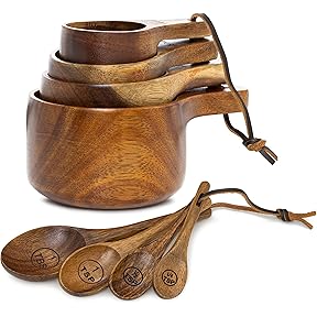Kraft Kitchen Wooden Measuring Cups and Spoons Set - Wood Measuring Cups, Wooden Measuring Spoons Set, Wood Kitchen Accessories, Cute Measuring Cups, Measuring Set for Dry Ingredients