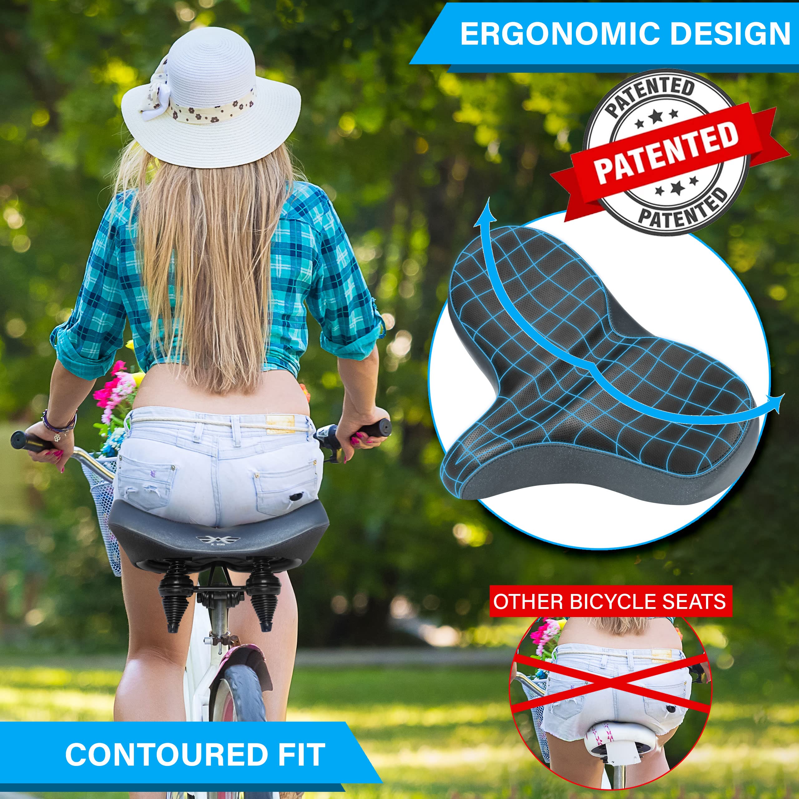 X WING Mega Bike Saddle Replacement Seat for Adults, Men & Women | Comfortable Padded Cushion, Ergonomic Design & Spacious Seat | Fit for Electric, City, Stationary, Exercise Bicycles & Beach Cruisers