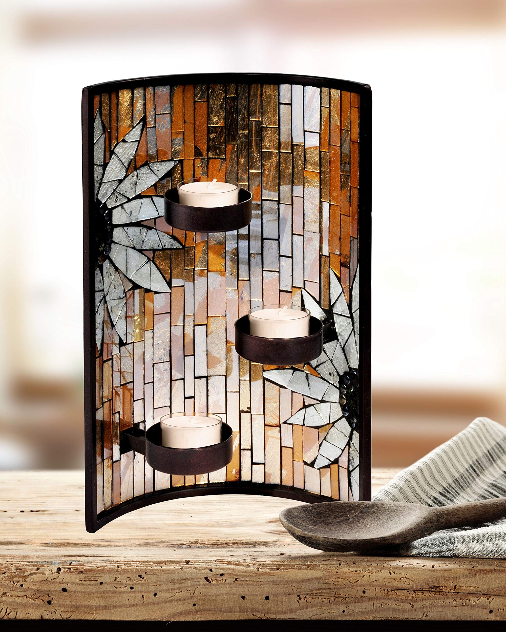 Dale Tiffany Sunflower Mosaic Art Glass Candle Holder, 2-Piece, Amber/Silver/White/Black