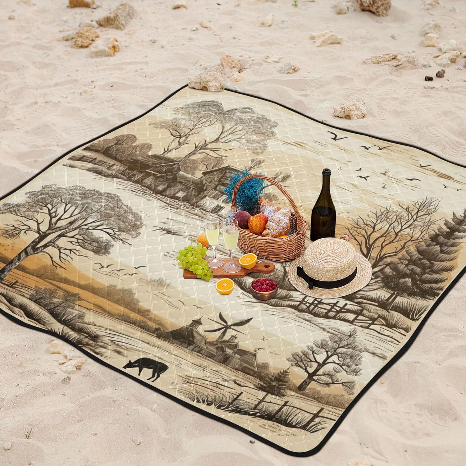 xigua Western Fields Scenery Large Picnic Blankets Waterproof Sandproof Beach Blanket Machine Washable, Portable Foldable Outdoor Blanket for Grass Park, Hiking, Concerts, Beach Vacation, 78" x 78"