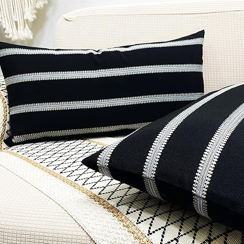 Miniatura 3 de Slow Cow Fundas de almohada rectangulares de lino blanco y negro a rayas decorativas para sofá lumbar de 12 x 33 pulgadas