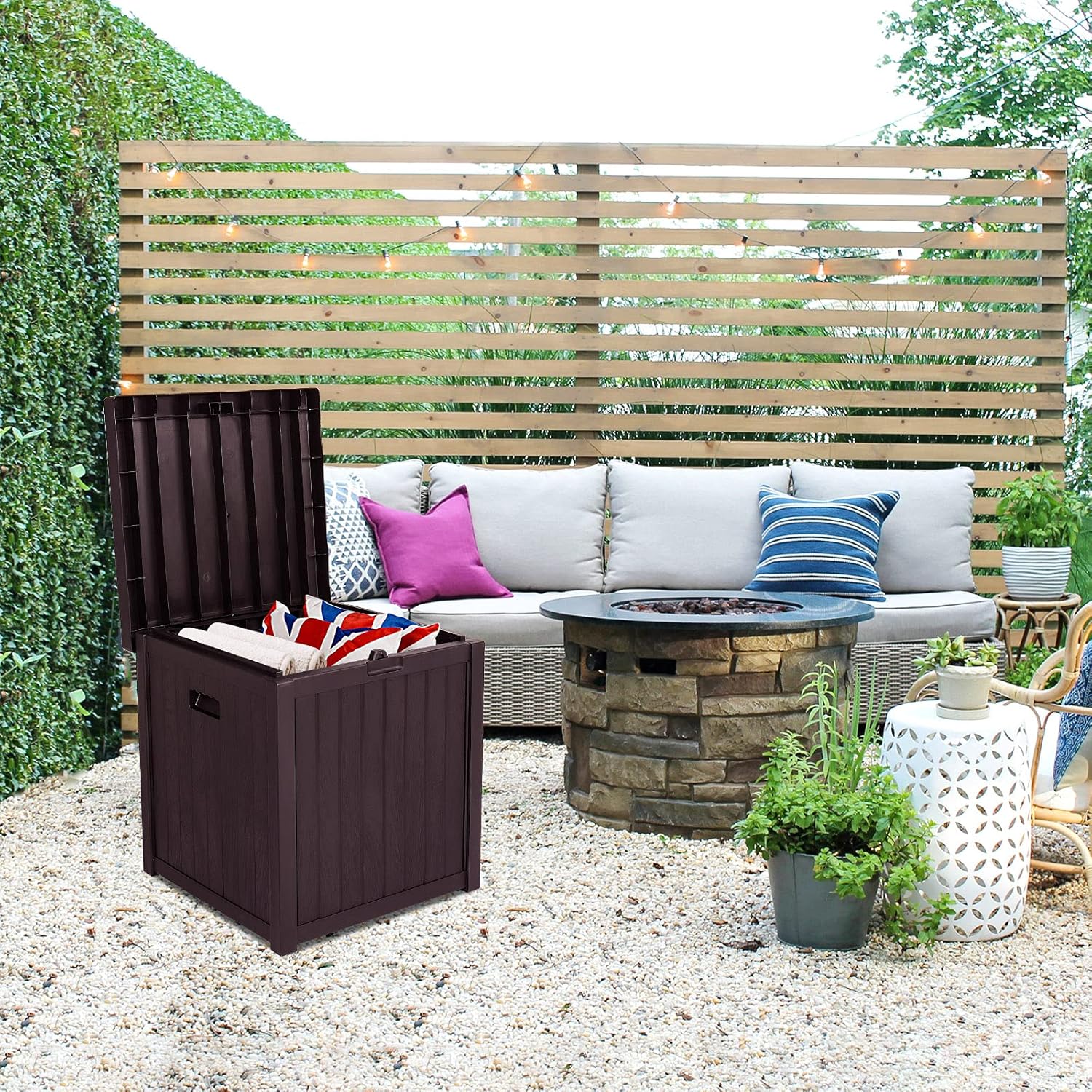 51Gallon Small Deck Box,Waterproof Plastic Lockable Indoor/Outdoor Storage Container and Seat for Patio Cushions and Gardening Tools,Store Items on Patio, Garage, Yard (Brown)