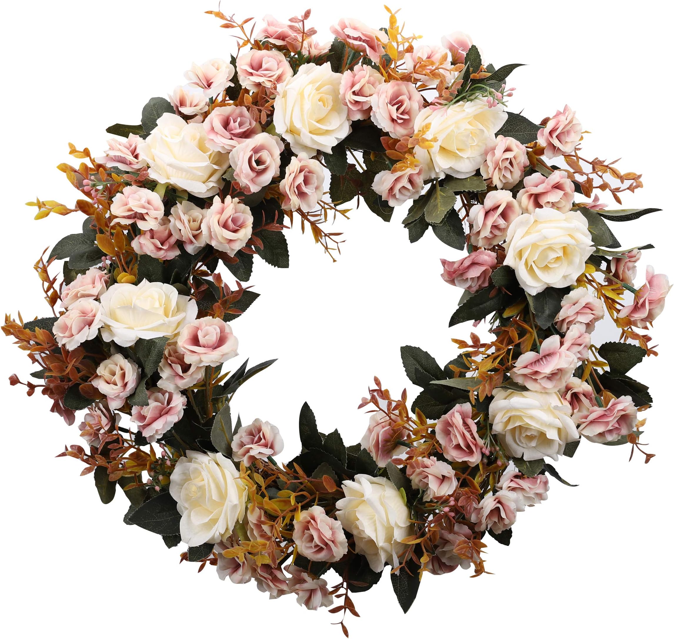 Duovlo Rose Floral Twig Wreath 19 Inch Handmade Artificial Flowers Garland Front Door Wreath (Champagne)