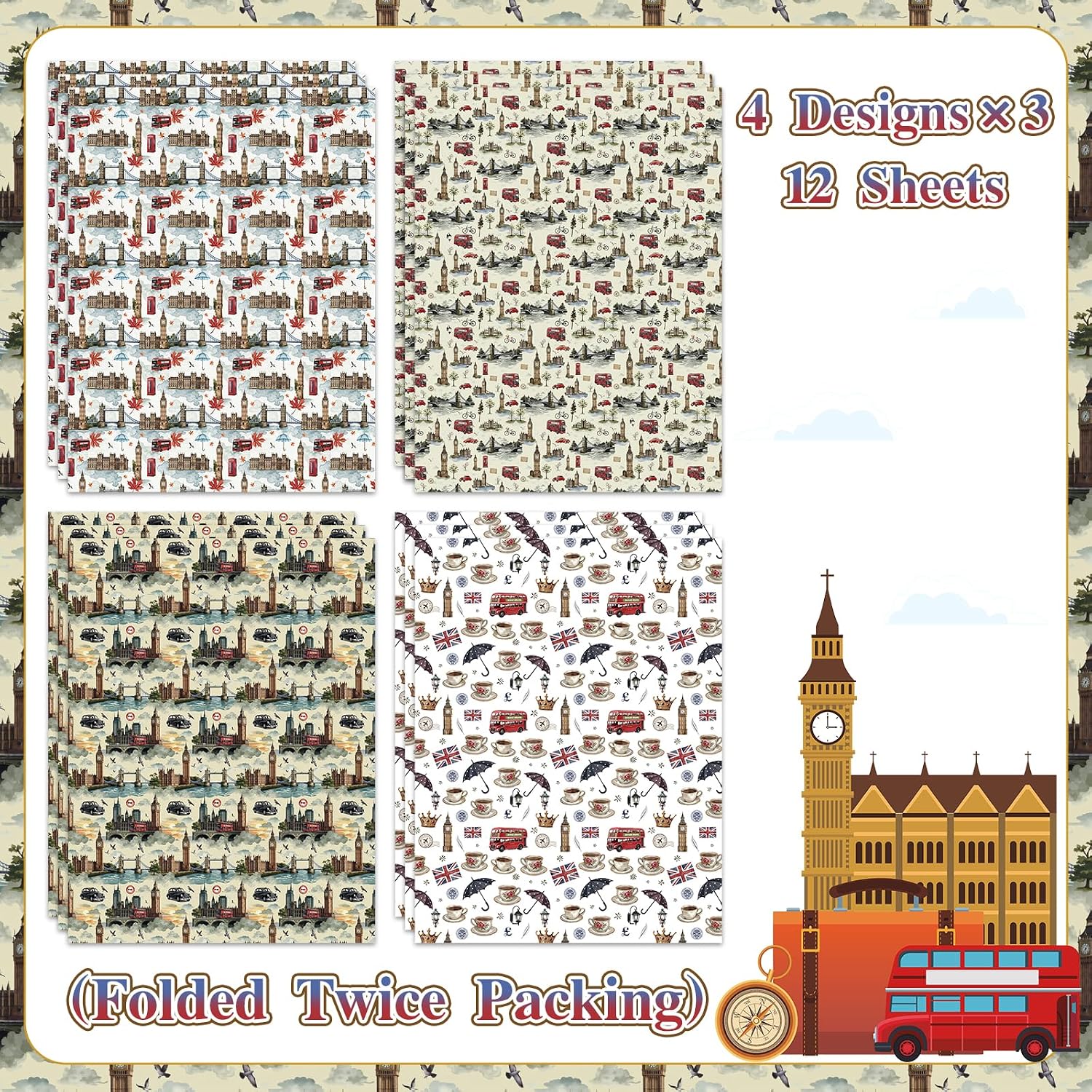 Pineraap London Wrapping Paper 12 Sheets – Big Ben, Tower Bridge, Umbrella UK Designs – British Gift Wrap for Birthday, Travel Lovers, 20"×28" image 2