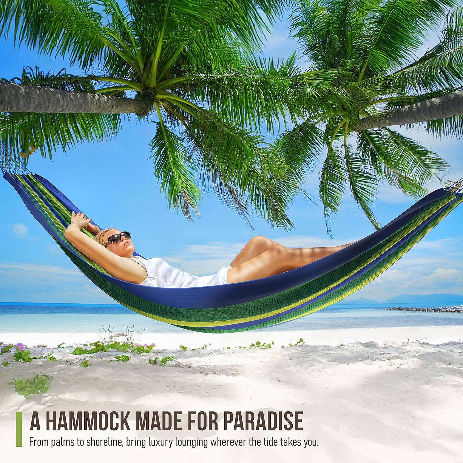 Sorbus Brazilian Double Hammock - Extra-Long 2 Person Portable Hammock Bed for Indoor or Outdoor Spaces - Hanging Rope, Carrying Pouch Included (Blue/Green Stripes)