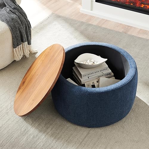 Miniatura 10 de Setawix Otomana de almacenamiento copetuda para dormitorio, asiento otomano redondo tejido de 27.5 pulgadas, mesa auxiliar tapizada de tela con tapa