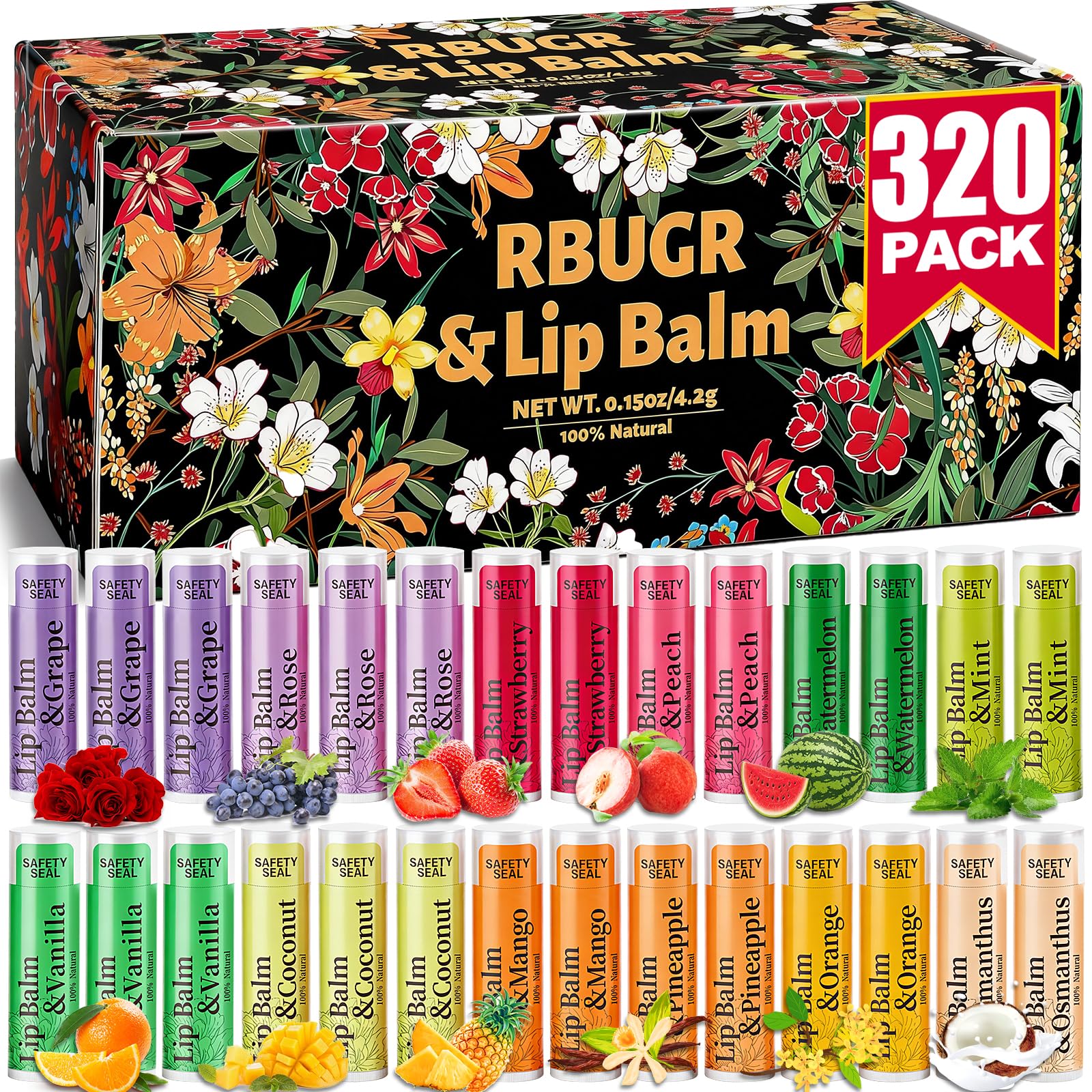 RBUGR 320 Pcs Lip Balm Bulk- Natural Moisturising Organic Set for Cracked Lips, 12-Flavored Professional Pack Bulk Gifts Valentine Party Favors (4.2g/0.15oz)