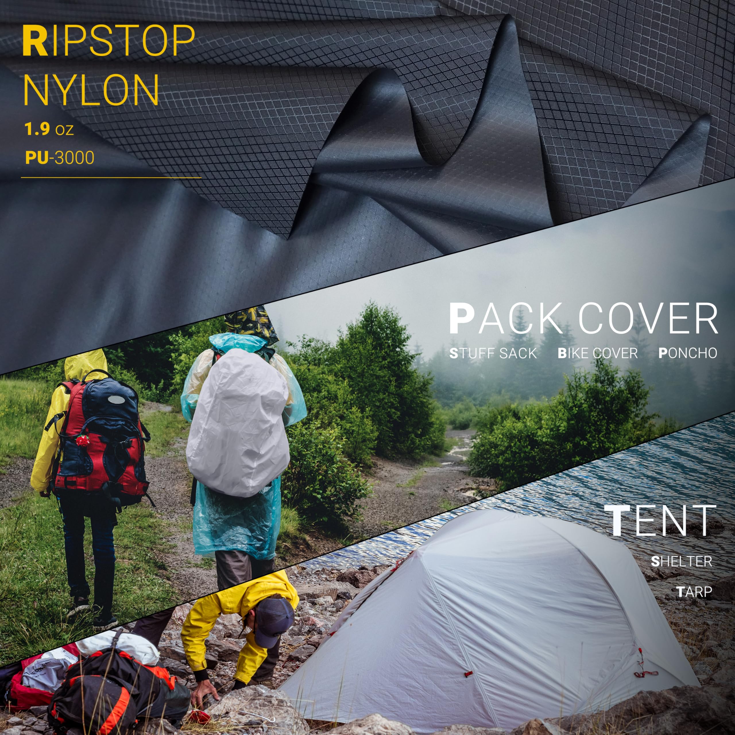 emma kites Black Ripstop Nylon PU3000 Waterproof 1.9 oz 70D Diamond Grid Tear Resistant for Tent Rainfly Rain Kilt Poncho Dry Bag Backpack Bike Cover (Selvedge Removed) Pre-Cut 1 Yard