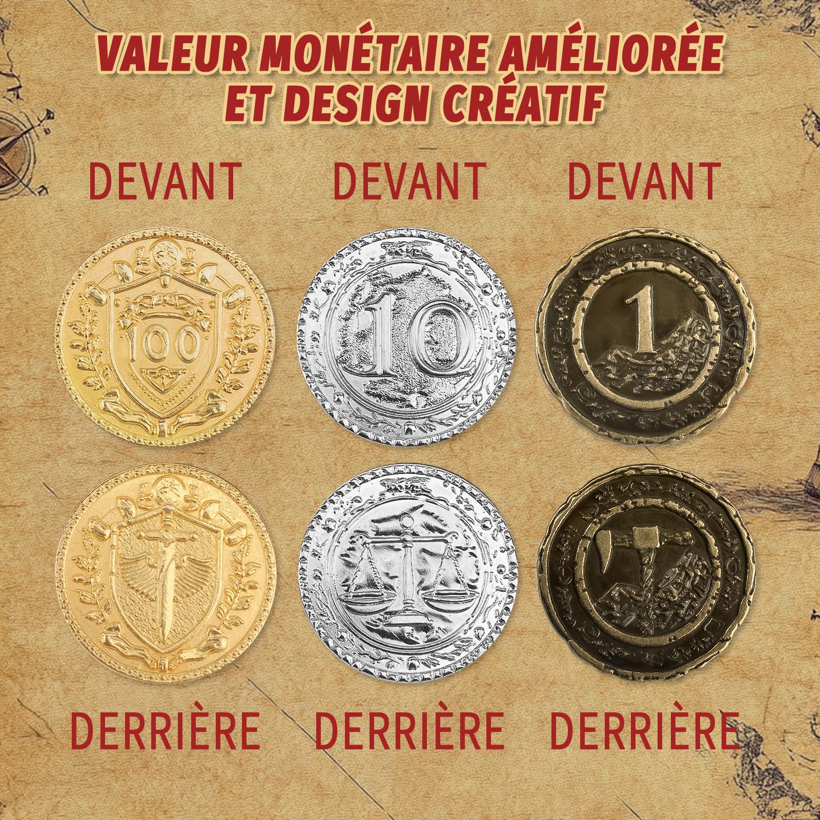 Byhoo Lot de 50 pièces de monnaie DND en métal 3,35 cm - Doré/argenté/cuivre - Pour jeu de société et RPG