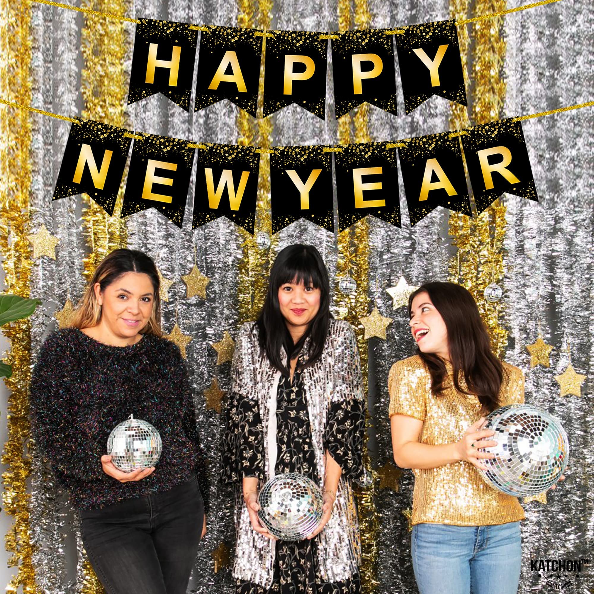 Party Banner KatchOn 10 Foot Glitter Happy New Year Banner - Gold ...