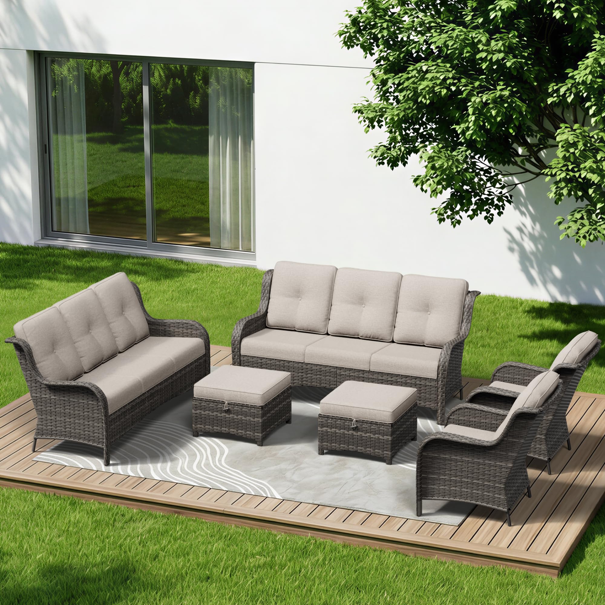 6 Piece Outdoor Wicker Patio Furniture Set, Patio Chairs Set with Thickened Olefin Cushions, High Back and Deep Seating, Hand-Woven PE Rattan, Ottoman for Porch, Deck