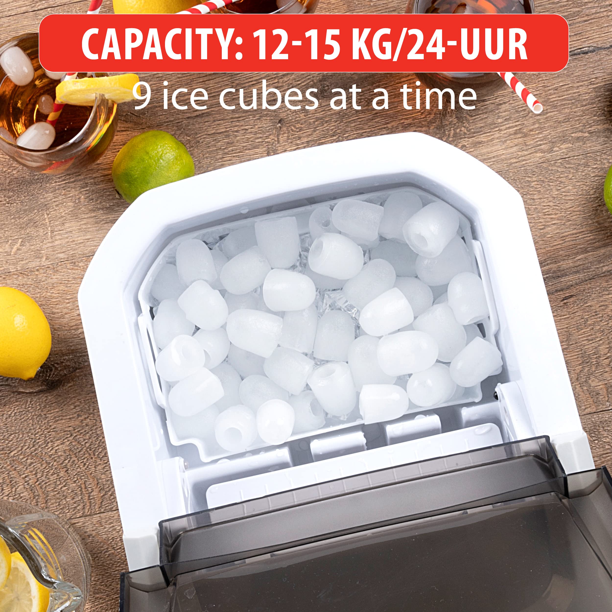 alpina Maquina de Hacer Hielo - Fabricadora de Cubitos de Hielo - Bloques de Hielo de 2 Tamaños - Producción en 10-12 minutos - Tapa Transparente - Blanco