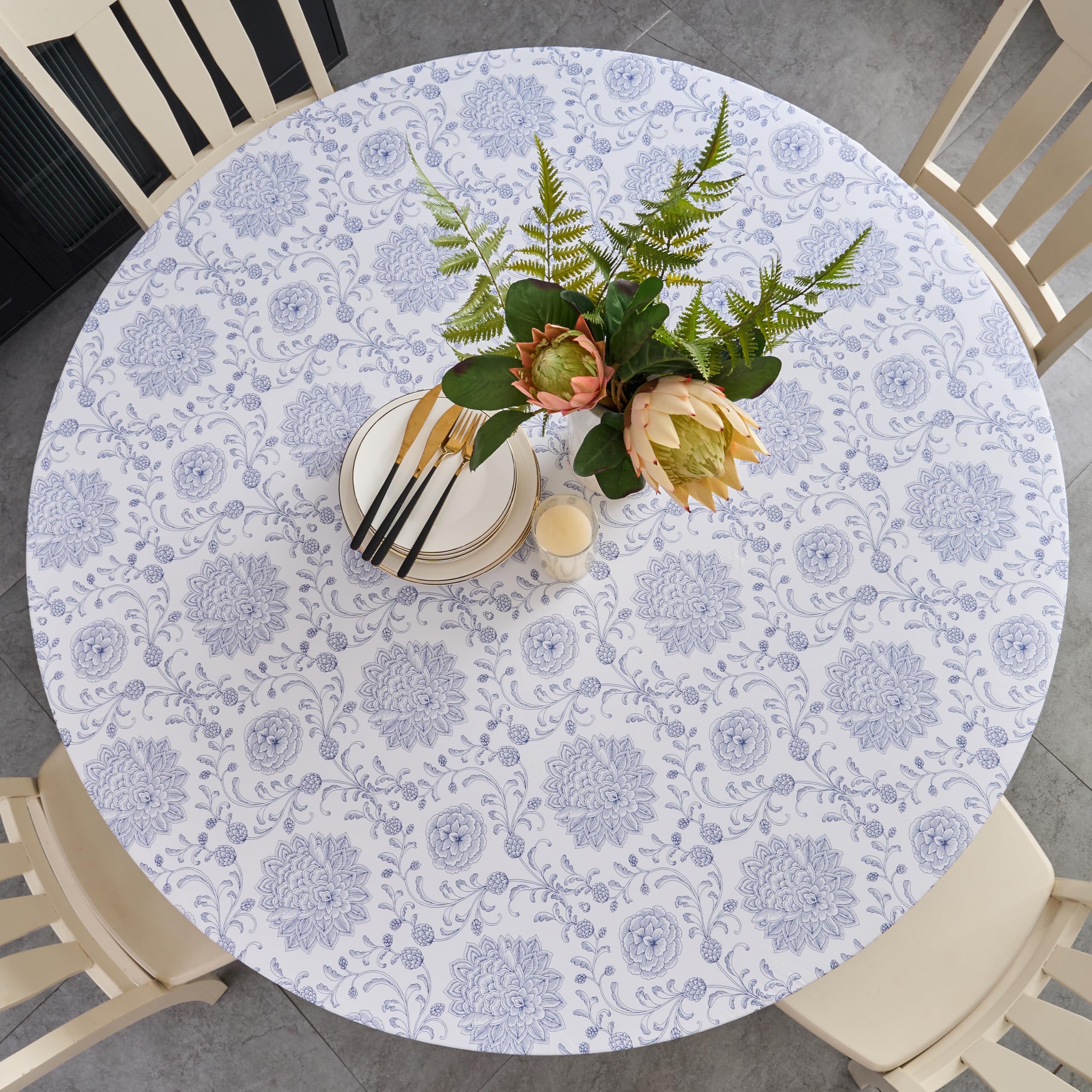 Pioggia Round Vinyl Fitted Tablecloth with Flannel Backing Elastic Table Cloth Waterproof Oil-Proof Plastic Table Cover Best for 37"-44" Round